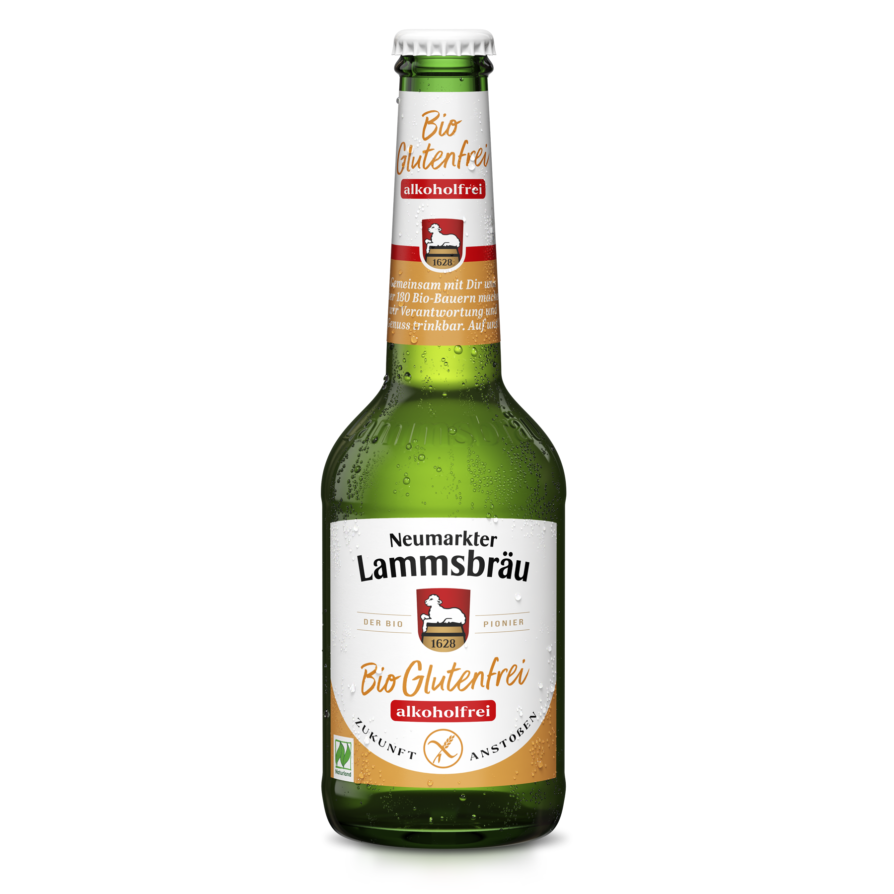 Eine grüne Glasflasche mit weißem Kronkorken und Kondenswassertropfen. Das Etikett trägt den Schriftzug "Neumarkter Lammsbräu Glutenfrei alkoholfrei" in gelber Schrift, das rote Wappenschild mit Lamm und Jahreszahl 1628, sowie die Aufschrift "Der Bio Pionier" und Text "Zukunft Anstoßen". Die Flasche ist in Frontalansicht vor weißem Hintergrund fotografiert.