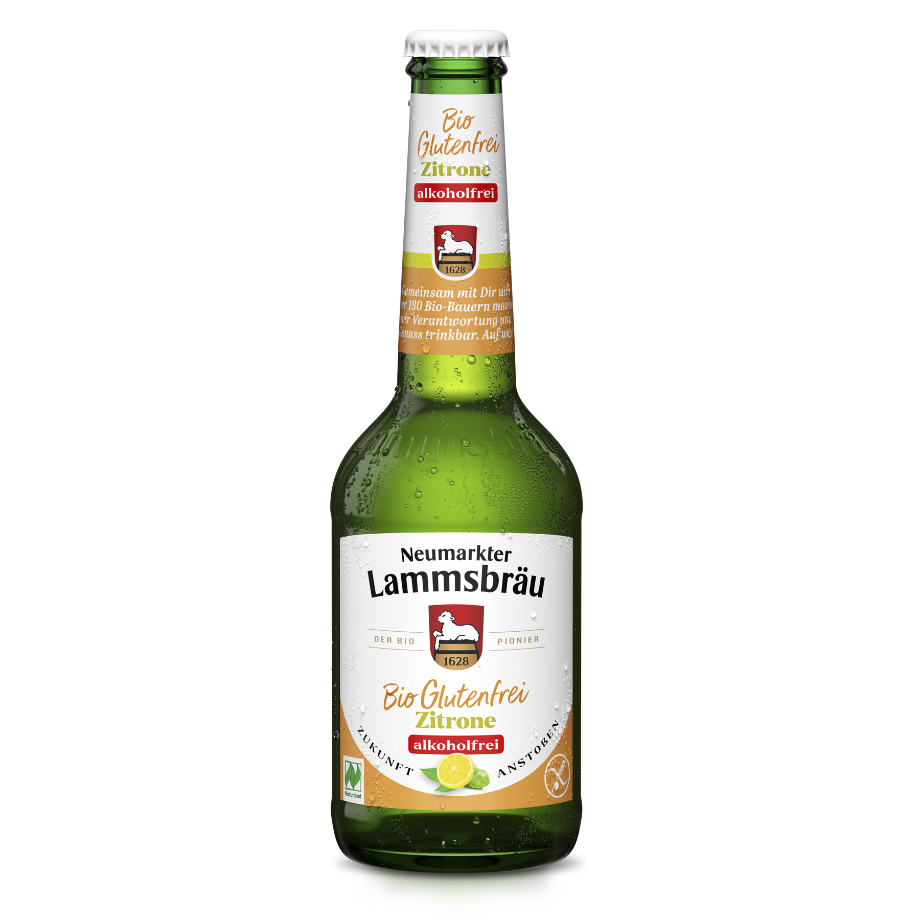 Eine grüne Glasflasche mit weißem Kronkorken und Kondenswassertropfen. Das Etikett trägt den Schriftzug "Neumarkter Lammsbräu Glutenfrei Zitrone alkoholfrei" in gelber Schrift, das rote Wappenschild mit Lamm und Jahreszahl 1628, sowie die Aufschrift "Der Bio Pionier" und Text "Zukunft Anstoßen". Die Flasche ist in Frontalansicht vor weißem Hintergrund fotografiert.