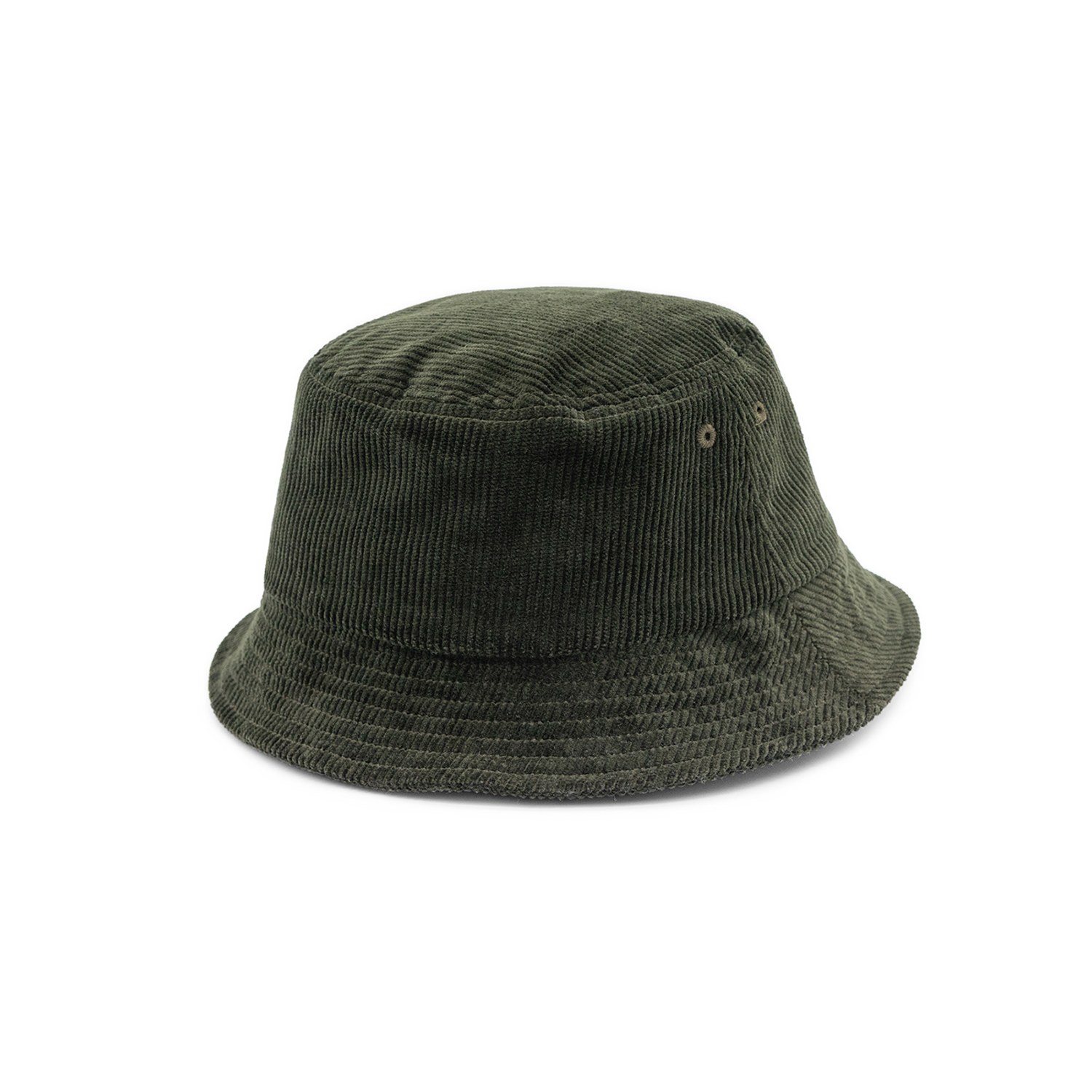 Grüne Cord-Bucket-Hat in Rückansicht auf weißem Hintergrund. Der Hut hat eine gerippte Textur, einen breiten Krempenrand und einen abgerundeten Krone.
