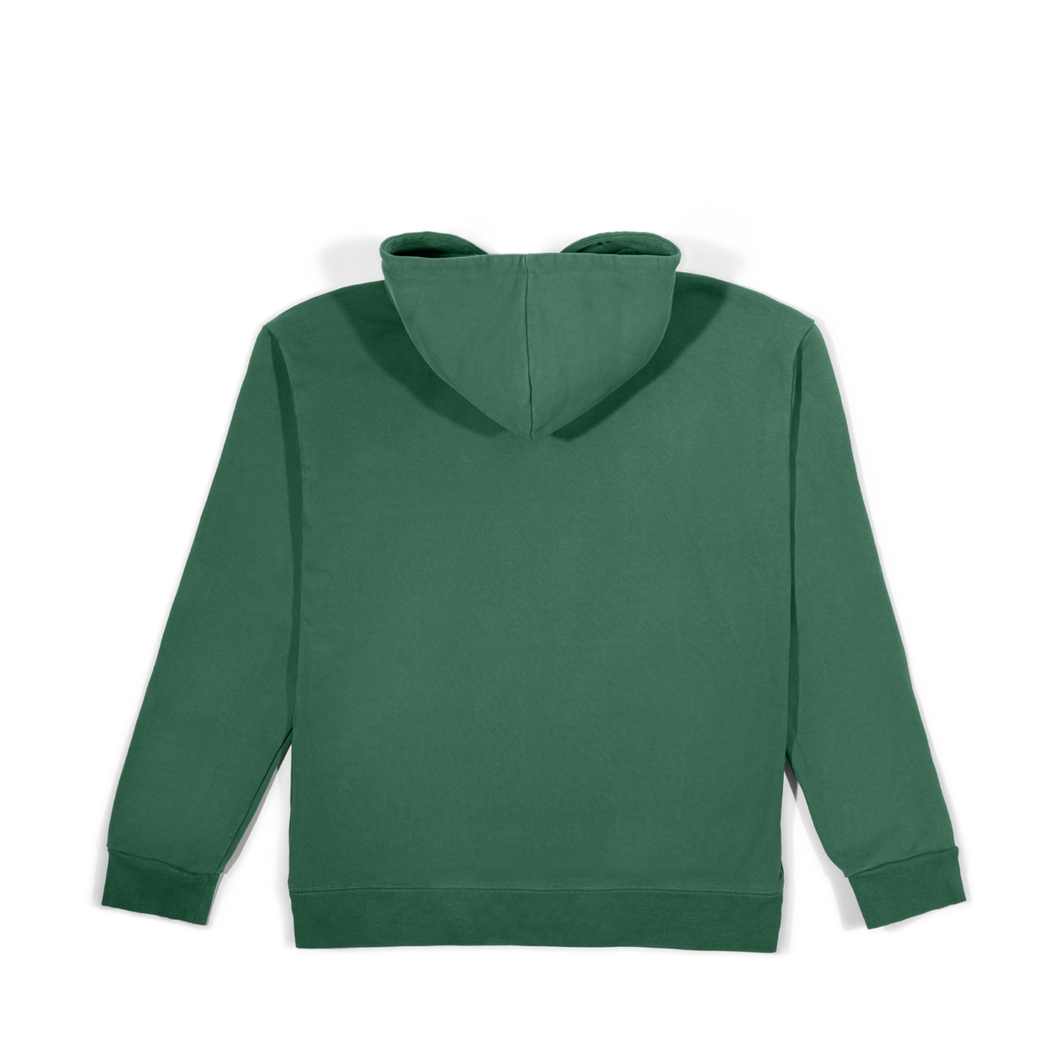 Grünes Kapuzen-Sweatshirt in Rückansicht auf weißem Hintergrund. Die Kapuze ist hochgezogen und zeigt die grüne Innenseite. Das Kleidungsstück ist durchgehend einfarbig ohne Aufdrucke oder Verzierungen, mit gerippten Bündchen an Ärmeln und Saum.