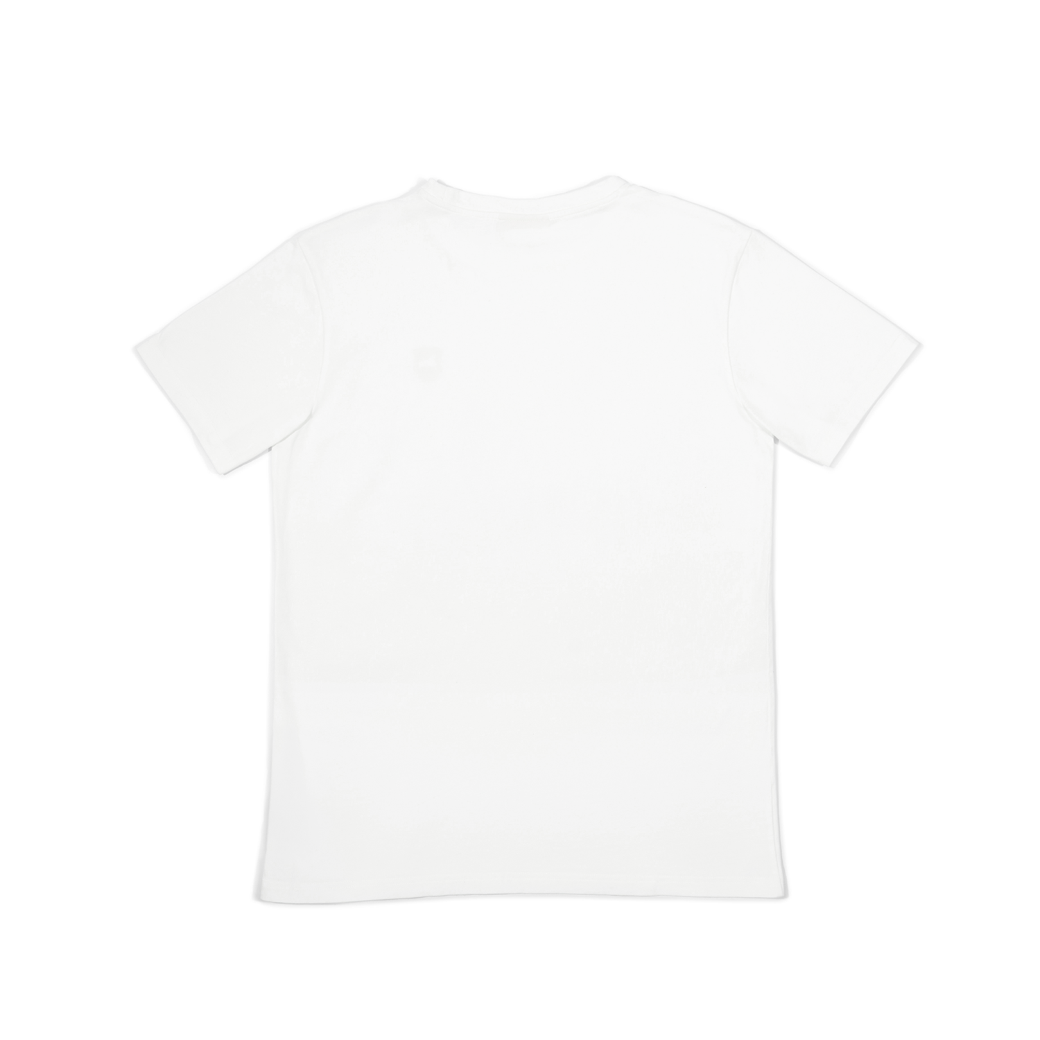 Weißes Kurzarm-T-Shirt aus Baumwolle mit Rundhalsausschnitt. Auf dem Bild ist die Rückansicht ohne sichtbare Muster oder Verzierungen.