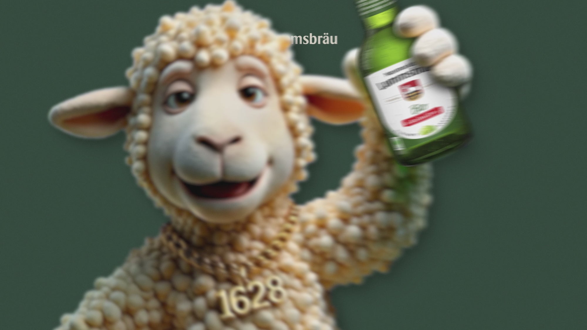 Das Video zeigt ein stilisiertes Lamm mit lockiger, cremefarbener Wolle und goldener Halskette mit Anhänger „1628“, das eine grüne Bierflasche in der erhobenen Hand hält. Rechts daneben stehen auf dunkelgrünem Hintergrund das Lammsbräu-Logo sowie der große weiße Schriftzug „EIN BIO BITTE.“